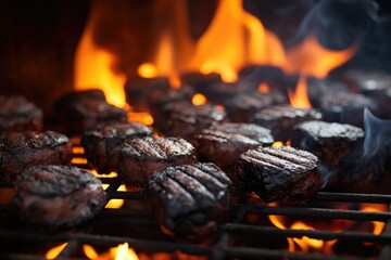 Grilled beef steaks on barbecue grill with flames, closeup, Barbecue grill pit with glowing and flaming hot charcoal briquettes, close-up, AI Generated