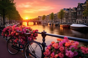 Amsterdam canals with bicycles and flowers at sunset. Holland, Beautiful sunrise over Amsterdam, The Netherlands, with flowers and bicycles on the bridge in spring, AI Generated - obrazy, fototapety, plakaty