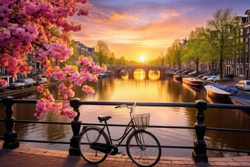 Bicycle in Amsterdam, Netherlands. Beautiful spring landscape in Holland, Beautiful sunrise over Amsterdam, The Netherlands, with flowers and bicycles on the bridge in spring, AI Generated - obrazy, fototapety, plakaty