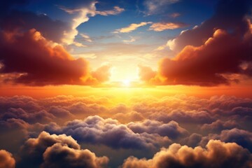 Beautiful aerial view above clouds at sunset. 3d render illustration, Beautiful sunset in the sky with clouds and the sun, AI Generated