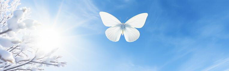 Fototapeta na wymiar White butterfly on a sunny winter day sky