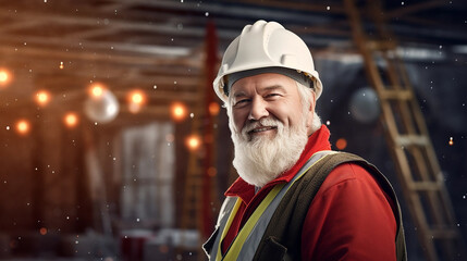 Father Christmas in a smiling hard hat with a construction site with Christmas decorations in the background 