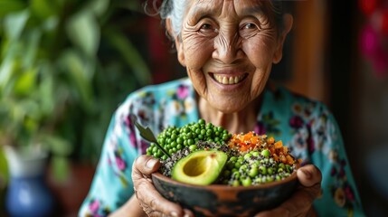 A delightful image of a cheerful elderly woman, smiling as she holds a bowl filled with a nutritious blend of quinoa, avocado, chickpeas, and assorted vegetables.