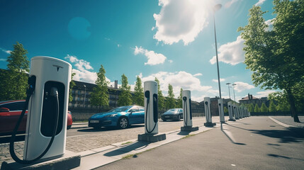 Several electric recharging points with blue sky summer day with several office buildings in the background - obrazy, fototapety, plakaty