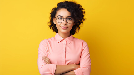 Young woman with yellow background  - obrazy, fototapety, plakaty
