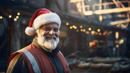 Father Christmas in a smiling hard hat with a construction site with Christmas decorations in the background 