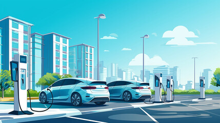 Several electric recharging points with blue sky summer day with several office buildings in the background