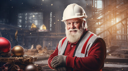 Father Christmas in a smiling hard hat with a construction site with Christmas decorations in the background 