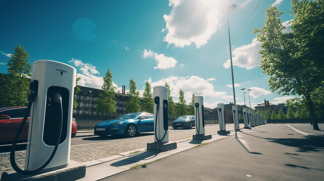 Several electric recharging points with blue sky summer day with several office buildings in the background