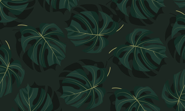 Dark green art background with leaves and shadow.