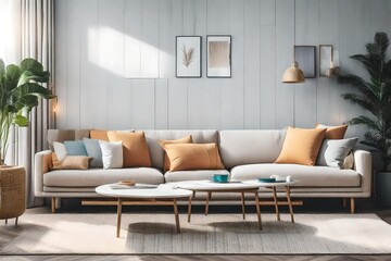 comfortable sofa with cushions in living room.