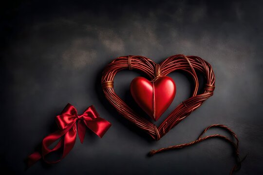 A captivating image featuring a wicker red heart adorned with a bow, set against a sophisticated gray background. 