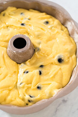 Lemon blueberry bundt cake with powdered sugar dusting