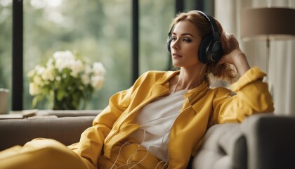 A woman, wearing headphones, in a yellow outfit is sitting on a sofa in the living room while...