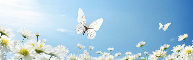 Fototapeta na wymiar White butterfly in a blue sky with white daisies