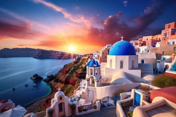 Poster Beautiful sunset over Oia village on Santorini island, Greece, Beautiful view of Churches in Oia village, Santorini island in Greece at sunset, with a dramatic sky, AI Generated © Ifti Digital