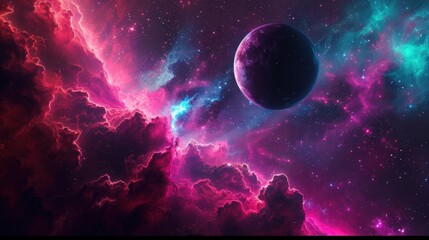 Obraz premium Enigmatic Cosmos: A vivid portrayal of space with radiant neon colors, evoking a sense of mystery and wonder.