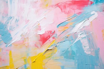 Painting closeup texture background with  blue, pink, yellow and white colors, Abstract rough colorful multicolored art painting texture in closeup, AI Generated