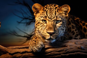 Obraz premium Leopard lying on a log and looking at the camera at sunset, African leopard Panthera pardus illuminated by beautiful light, a female, resting on a dead tree, staring, AI Generated