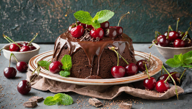 Chocolate cake with berries wooden background	