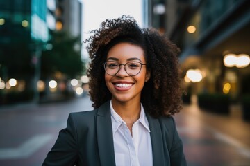 Portrait of smiling businesswoman in eyeglasses looking at camera in city, An African American woman wearing glasses and a suit standing in front of a building with a smile, AI Generated
