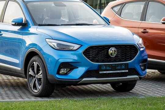 Frontal part and grille of Chinese MG ZS crossover vehicle presented at dealership