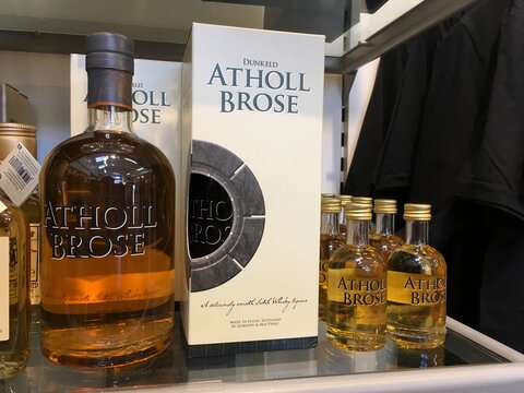 Dunkeld Atholl Brose whisky in shop window with its packaging