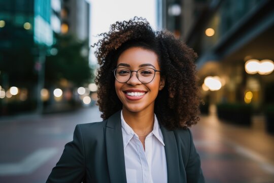 Portrait Of Smiling Businesswoman In Eyeglasses Looking At Camera In City, An African American Woman Wearing Glasses And A Suit Standing In Front Of A Building With A Smile, AI Generated