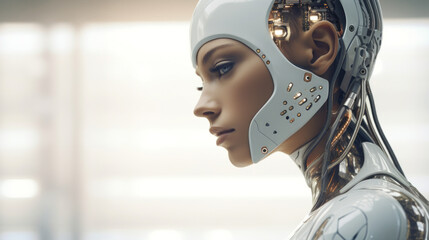 Beautiful femal android robot in white shell armor. Futuristic concept for artificial intelligence avatar. A woman cyborg robotics android as teen girl robotics aspect. White lucid shell bionic face - obrazy, fototapety, plakaty