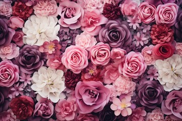 Beautiful pink and white artificial flowers as background, top view, Artificial Flowers Wall for Background in vintage style, AI Generated