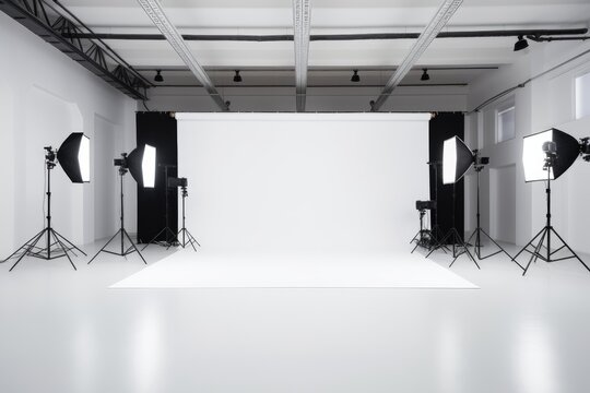 Photo studio with professional equipment and lighting equipment. Horizontal view, An empty modern photo studio ready for use, AI Generated