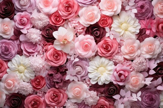 Beautiful artificial flowers as background, top view. Floral design, Artificial Flowers Wall for Background in vintage style, AI Generated