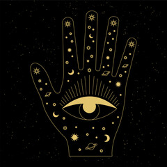 Palmistry and hieromancy. Hand lines and their meanings. Celestial and mystical astrology. Magical vector illustration.