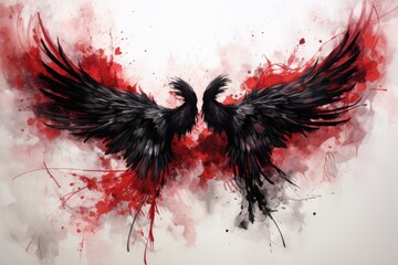 Black wings of a crow on a background of red blood splashes, Beautiful magic red-black wings drawn...