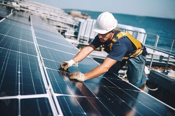 Electrical engineer installing solar panels, Clean energy concept.