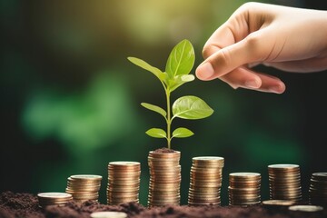Close-up macro photo of tree growing on coins stacks, business growth and financial success concept. Concept of saving, investment, money growing. - obrazy, fototapety, plakaty