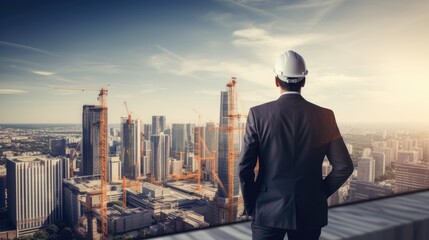 Construction engineer stands looking at a large construction site.