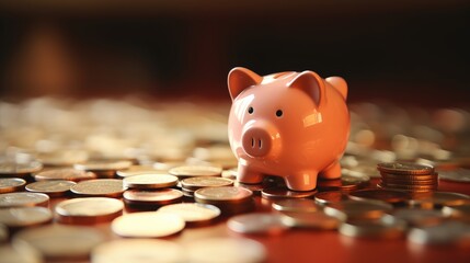 Pink piggy bank and a pile of gold coins savings and financial management concept.