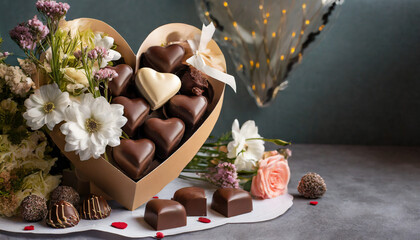 Candy's in box form of a heart, valentine's day composition with flowers and chocolates. - obrazy, fototapety, plakaty