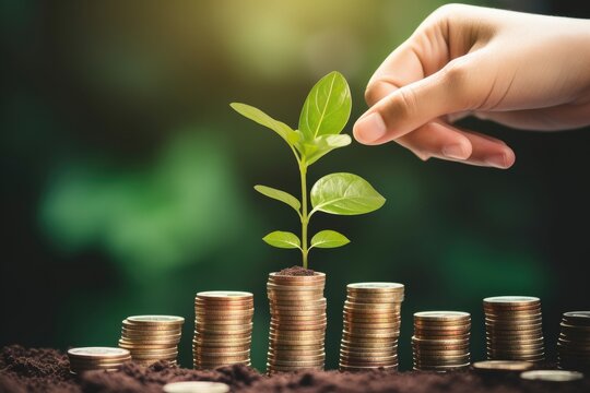 Close-up macro photo of tree growing on coins stacks, business growth and financial success concept. Concept of saving, investment, money growing.