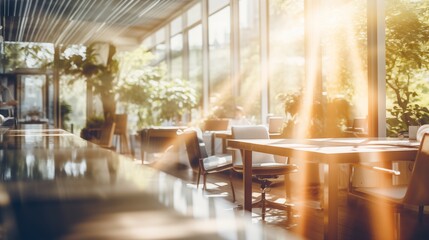 Blurred photo of empty sunny office with falling sun rays - obrazy, fototapety, plakaty