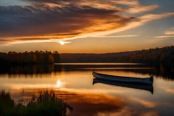 A serene view of the Connecticut River in Massachusetts during the golden hour of sunset, the sky painted in warm hues, a lone canoe drifting on the calm water