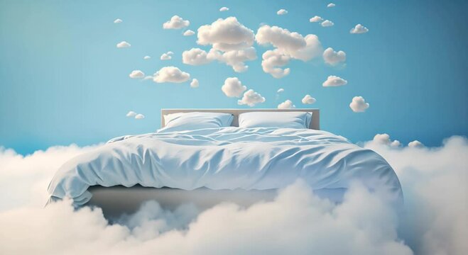 Comfortable white bed in the clouds against blue sky