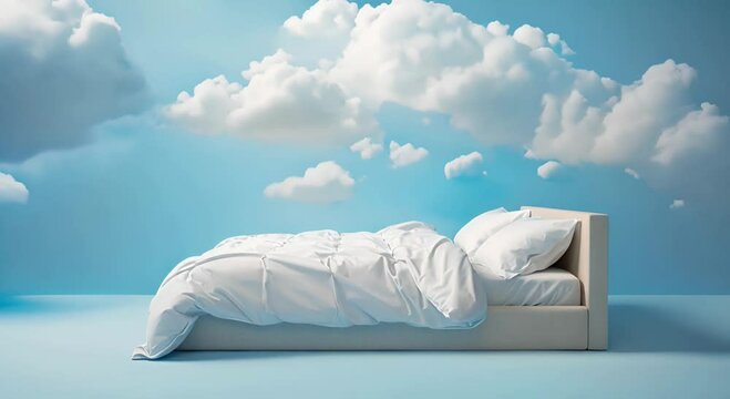 Comfortable white bed on blue background with clouds.