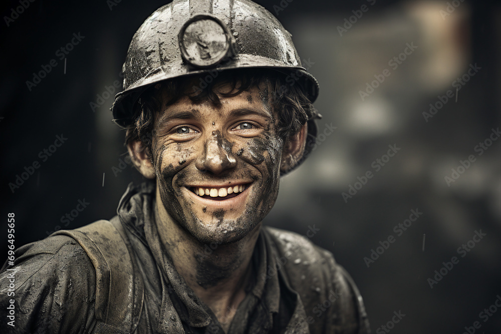 Poster generative ai portrait of a professional worker mining on a mine background