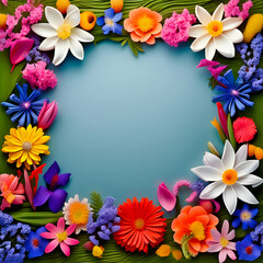 A picture of a bunch of flowers in a circle frame with a blue background