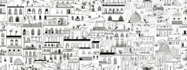 Cityscape draw inspired by Palermo city, coloring book style black and white line art