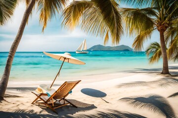 An idyllic beach setting with a stylish beach bag and sun hat, positioned on a wooden beach chair, surrounded by palm trees casting shadows