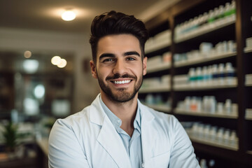 Obraz premium Generative AI image of professional pharmacist in pharmacy
