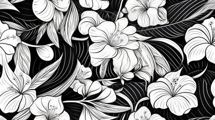 Tropical leaves linear line art in black and white, tiled and redy for pattern and repetition. Tiled decoration floreal with tropical element in duotone black and white. Colored book style
